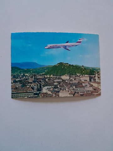 AK Graz. Blick zum Schloßberg mit AUA DC 9.