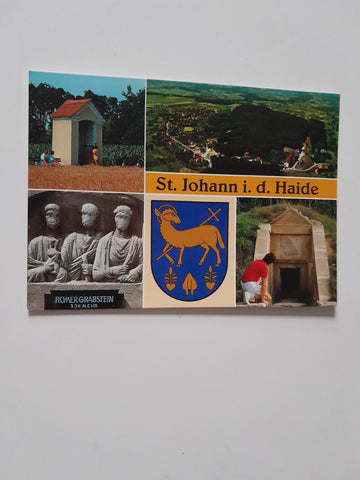 AK St. Johann in der Haide. Schirnhoferkreuz, Römergrab, Gemeindewappen.