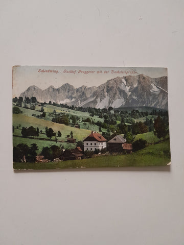 AK Schladming. Gasthof Pruggerer mit der Dachsteingruppe. (1907)