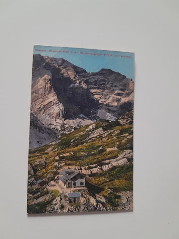 AK Gesäuse: Hesshütte mit Hochtor-Gugelgrat und Tellersack. (1914)