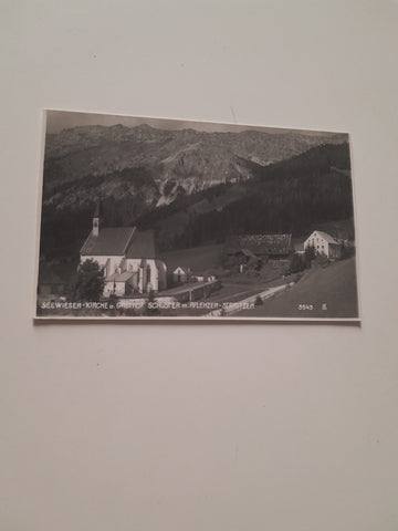 Muster-AK Seewiesen. Kirche u. Gasthof Schuster m. Aflenzer Staritzen. (Glantschnigg)