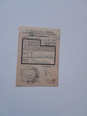 Einlieferungsschein Finanzamt Baden. (1943)