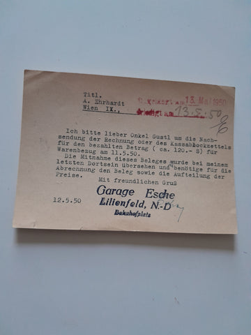 Korrespondenzkarte Gelaufen von Garage Esche Lilienfeld Bahnhofsplatz an Fa. Ehrhardt, Wien, Zimmermanngasse 11.