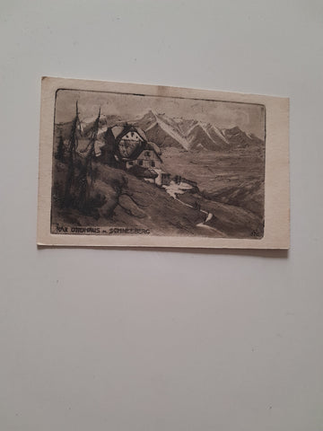AK Rax Ottohaus mit Schneeberg. Originalradierung von L. V. Pollak. Handpressendruck.