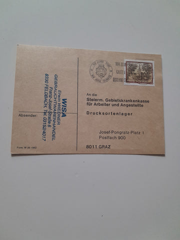 Drucksortenbestellkarte. Von WISA Erwin Wiedner Gebrauchtwarenhandel, Franz Josef Straße 6, Feldbach an Steierm.