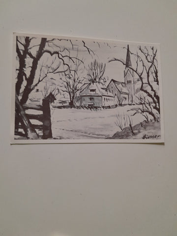 AK Wagrain. Kirche und Joseph Mohrschule. Aquarell von Akad. Maler Erwin Exner.