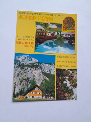 Werbekarte Ramsau am Dachstein. Bacherhof Familie Erlbacher. Silberkarklamm.