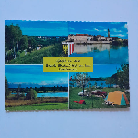 AK Grüße aus dem Bezirk Braunau am Inn. (Kobernaußerwald mit Maria Schmolln, Braunau, Ibmer Moor, Heratinger See, Camping Holzöstersee am Weilhartsforst)