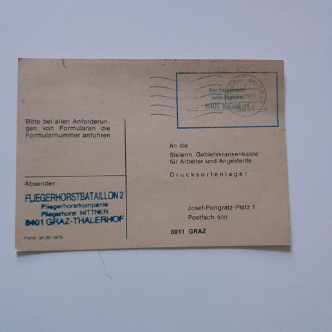 Drucksortenbestellkarte Absender: Fliegerhorstbataillon 2 Fliegerhorst Nittner Graz Thalerhof an Steierm. Gebietskrankenkasse.