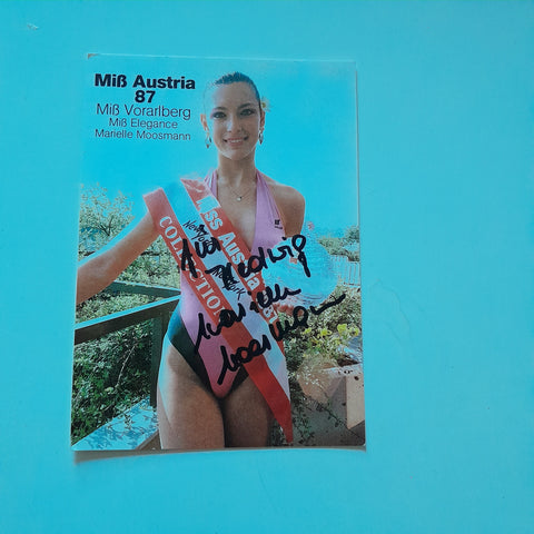 Autogrammkarte Miß Austria 87. Miß Vorarlberg Miß Elegance. Marielle Moosmann. (Handsigniert)