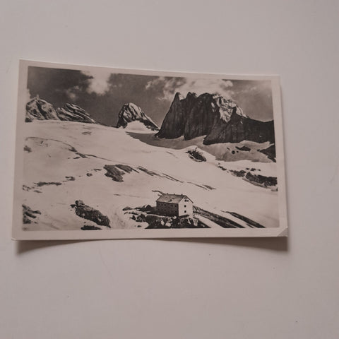 AK Adamekhütte mit Dachstein und Schneebergwand.