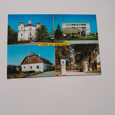 AK Grüße aus Stadl-Paura. Kirche. Gemeindeamt, Schiffleutmuseum. Bundeshengstenstallamt.