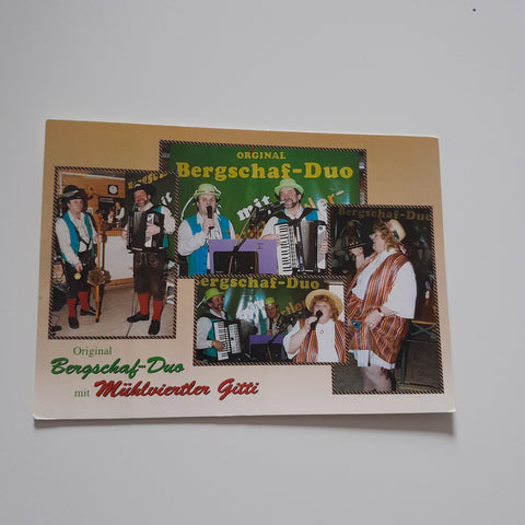 AK Orig. Bergschaf-Duo mit Mühlviertler Gitti. Pregarten, Tragweiner Straße 13. (Marianne Stübl, Karl Leimer, Helmut Stübl)
