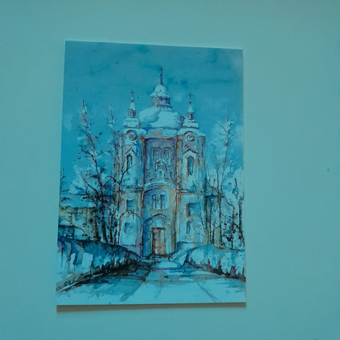 Billett Christkindl bei Steyr. Wallfahrtskirche. (Aquarell von Otmar Wallenta)