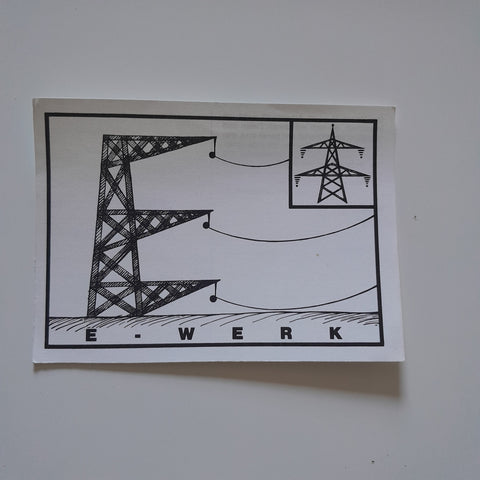 AK E-Werk. Verein Museum Arbeitswelt. Cartoon & Grafik: Hermann Haslinger, Linz.