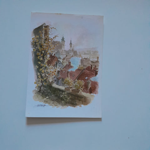 AK Steyr. Blick von der Sierningerstraße gegen Michaelerkirche und Bürgerspital.  (nach einem Aquarell von H. Hofmann)
