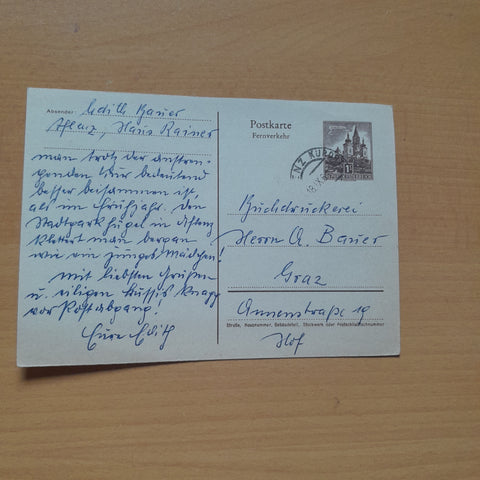 Postkarte. Absender Edith Bauer, Aflenz, Haus Rainer an Buckdruckerei Ch. Bauer, Graz.