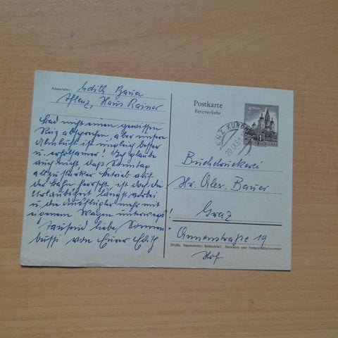 Postkarte. Absender Edith Bauer, Aflenz, Haus Rainer an Buckdruckerei Alex Bauer, Graz.