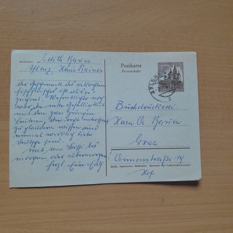 Postkarte. Absender Edith Bauer, Aflenz, Haus Rainer an Buckdruckerei Ch. Bauer, Graz.