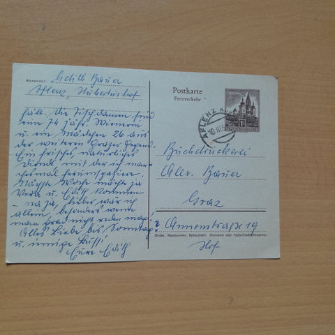 Postkarte. Absender Edith Bauer, Aflenz, Haus Rainer an Buckdruckerei Alex Bauer, Graz.