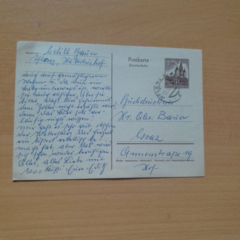 Postkarte. Absender Edith Bauer, Aflenz, Haus Rainer an Buckdruckerei Alex Bauer, Graz.