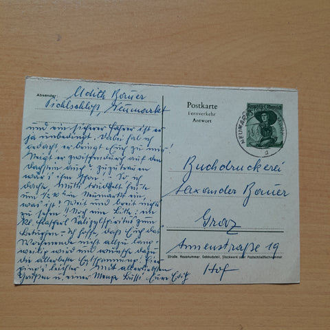 Postkarte Absender Edith Bauer, Pichlschloß, Neumarkt an Buchdruckerei Alexander Bauer, Graz.