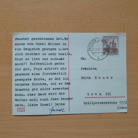 Postkarte Absender Deutschlandsberg an Edith Bauer, Graz.