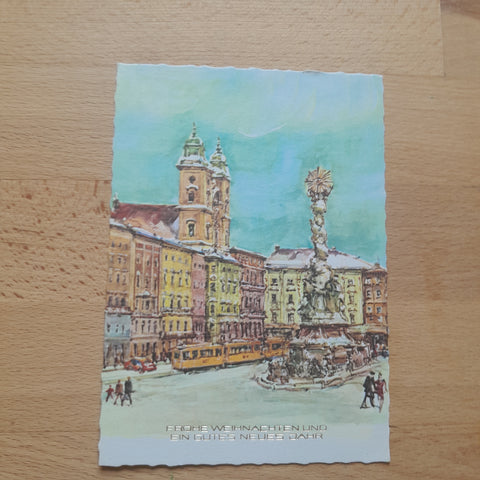 AK Linz Hauptplatz mit Dreifaltigkeitssäule. Weihnachtskarte.