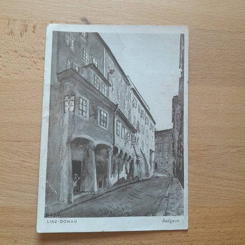 AK Linz. Badgasse. nach Aquarell von Karl Hayd. Kartenserie Alte Gassen und Häuser von Linz.