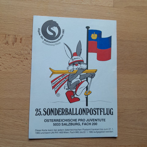 25. Sonderballonpostflug. Österreichische Pro Juventute. Alpine Ski WM 1982 Schladming/Haus. Ballon Liechtenstein.