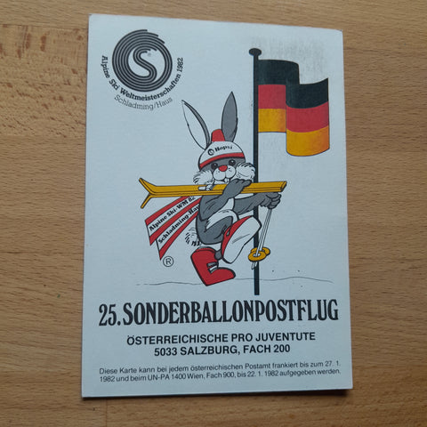 25. Sonderballonpostflug. Österreichische Pro Juventute. Alpine Ski WM 1982 Schladming/Haus. Ballon Deutschland.