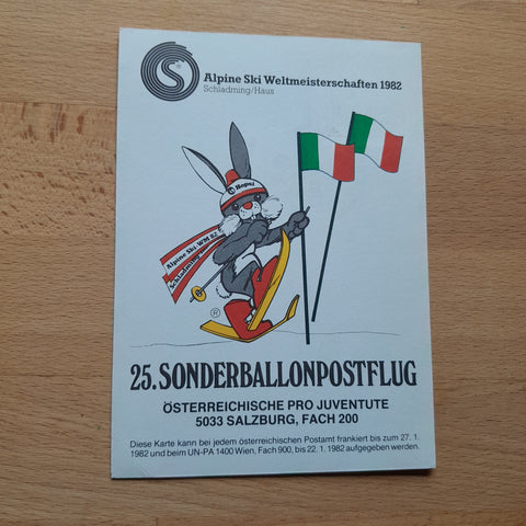 25. Sonderballonpostflug. Österreichische Pro Juventute. Alpine Ski WM 1982 Schladming/Haus. Ballon Italien.
