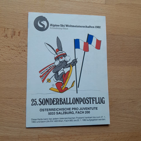 25. Sonderballonpostflug. Österreichische Pro Juventute. Alpine Ski WM 1982 Schladming/Haus. Ballon Frankreich.
