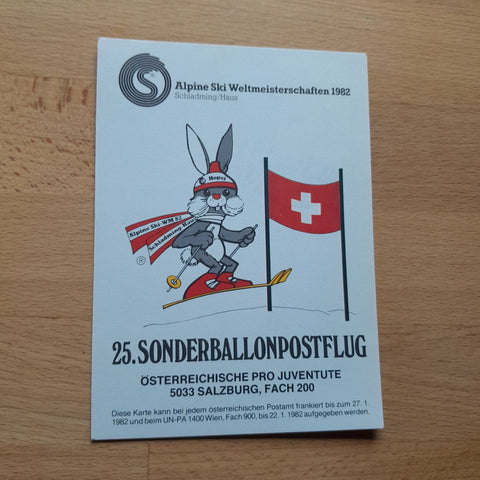 25. Sonderballonpostflug. Österreichische Pro Juventute. Alpine Ski WM 1982 Schladming/Haus. Ballon Schweiz.