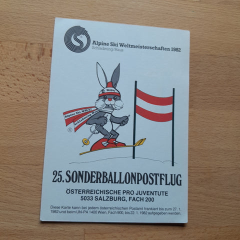 25. Sonderballonpostflug. Österreichische Pro Juventute. Alpine Ski WM 1982 Schladming/Haus. Ballon Österreich.