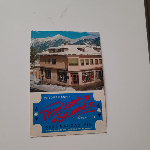 Werbe-Karte Badgastein Wiedermann's Dirndlstuben u. Skimoden. Bahnhofstraße 345 und Filiale am Kinoplatz.