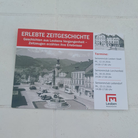 Werbekarte Erlebte Zeitgeschichte Geschichten aus Leobens Vergangenheit.