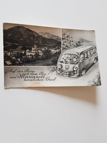 AK Auf der Reise mit dem Bus aus Mariazell herzlichen Gruß. (1961)