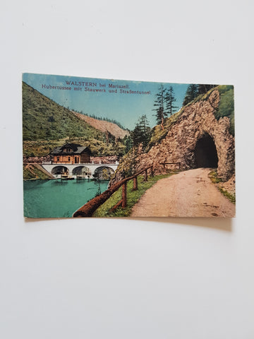AK Walstern bei Mariazell. Hubertussee mit Stauwerk und Straßentunnel. (1918-19)