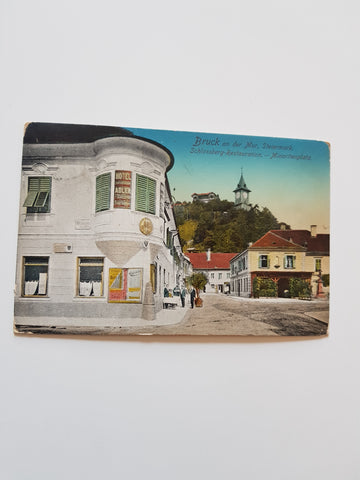 AK Bruck an der Mur. Schlossberg-Retauration Minoritenplatz. (1911)