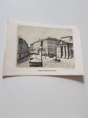 Fragment eines Billetts Trieste: Piazza della Borsa. (da una incisione dell'800)