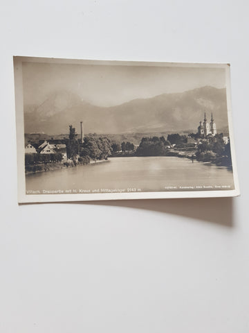 AK Villach. Draupartie mit hl. Kreuz und Mittagskogel. (1918-19)