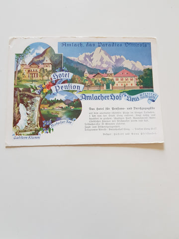 Werbe-AK Lienz. Hotel Pension Amlacherhof. Besitzer: Hubert und Anna Pfeilhofer.