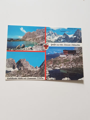 AK Karlsbader Hütte mit Laserzsee. Grüße aus den Lienzer Dolomiten.