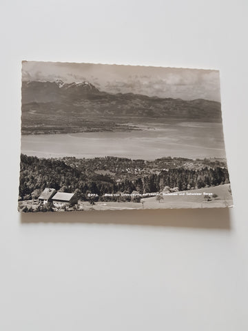 AK Blick von Lutzenreuthe auf Lochau, Bodensee und Schweizer Berge.