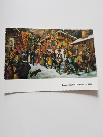AK Perchtenlauf im Gasteiner Tal, 1966. Museum Badgastein. Prof. Wilhelm Landsmann. Ölgemälde.