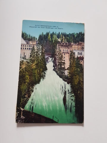 AK Badgastein. Wasserfall mit Hotel Straubinger und Austria. (1913)