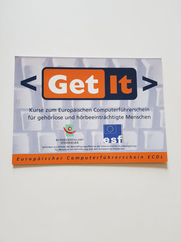 Werbe-Karte Get It Kurse zum Europäischen Computerführerschein für gehörlose und hörbeeinträchtigte Menschen, Graz Mariengasse.