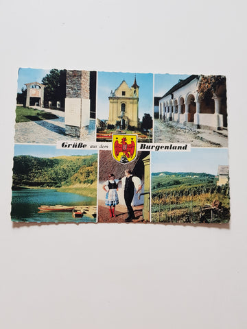 AK Grüße aus dem Burgenland. (Geschriebenstein-Gedenkstätte,Rechnitz Pfarrkirche, Großpetersdorf Bauernhaus, Faludital-Stausee, Oberwart, Eisenberg).