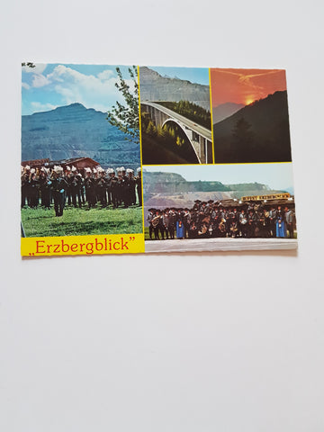 AK Eisenerz. Kremplgrabenbrücke, Präbichl-Nordrampe gegen Erzberg mit Rastplatz Schafriedl Buffet Erzbergblick. Inh. Reischl. Bergkapelle und Stadtkapelle v. Eisenerz.